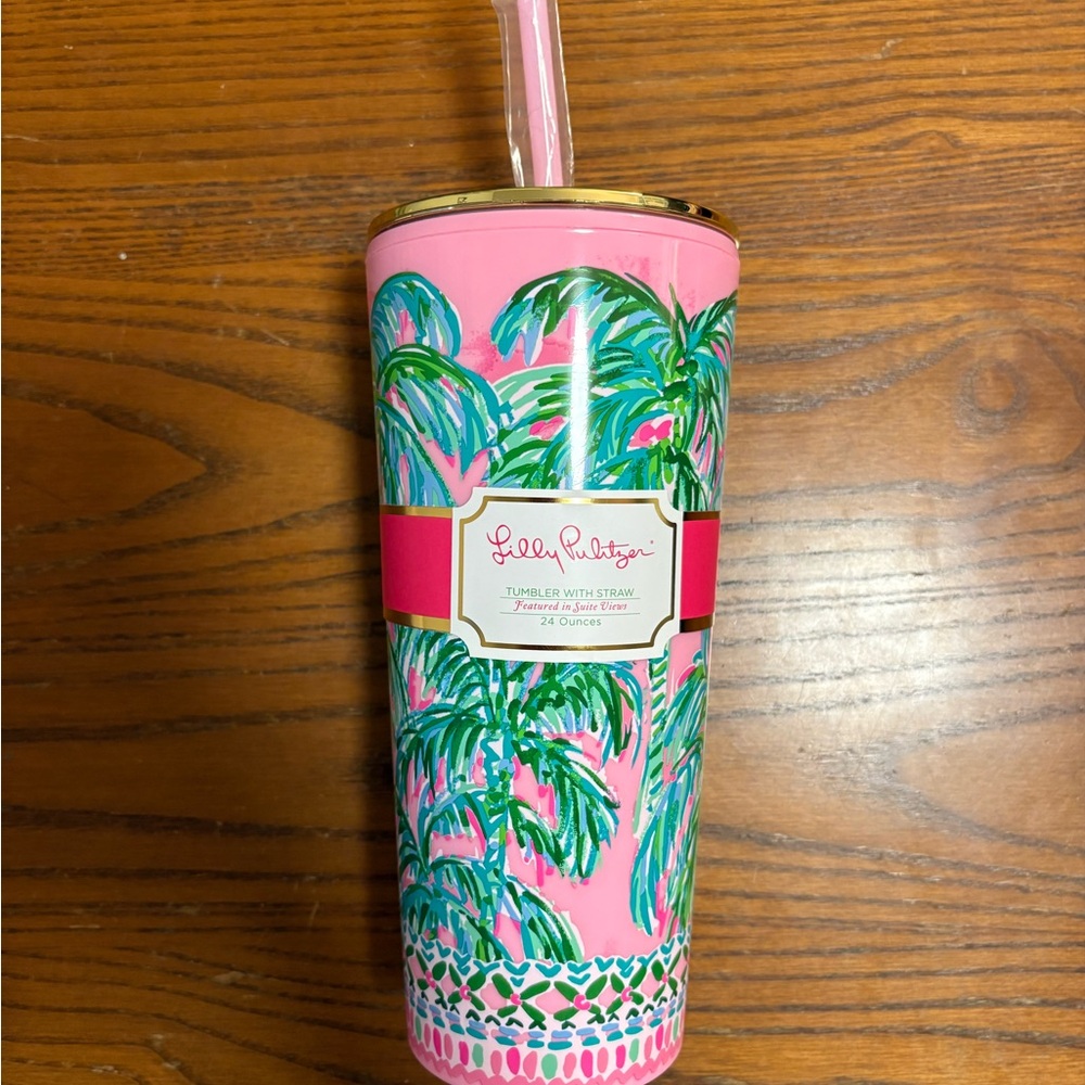 Lilly Pulitzer Pink and Green Suite Views Pattern Tumbler with Straw NWT